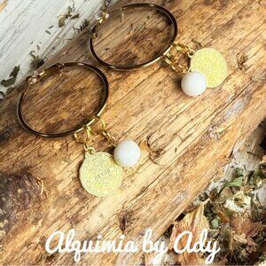 Chunky statement gold Saint Benedict  medal charms earrings with white jade